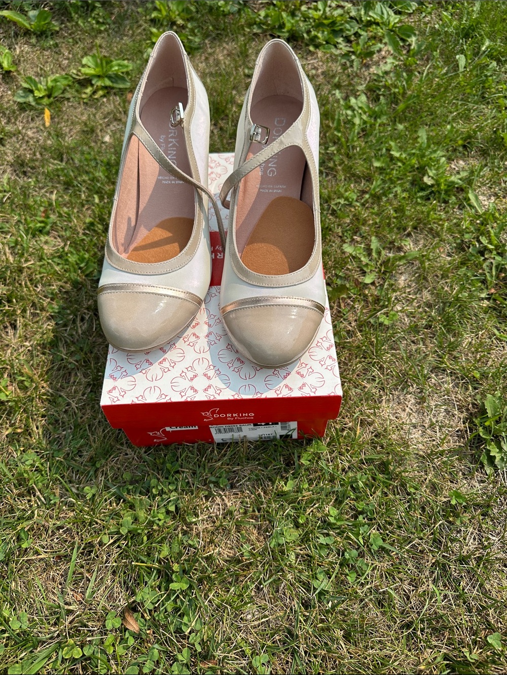 Cream Patent Mary Jane Heels with Ankle Strap